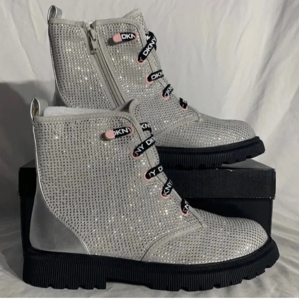 Dkny Shoes Toddler Girl Silver Black Rhinestone Combat Boots SZ 12 NEW